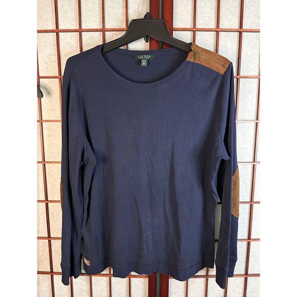 Lauren Ralph Lauren Tops - Lauren Ralph Lauren long-sleeved top, navy blue,  brown suede accents 1X